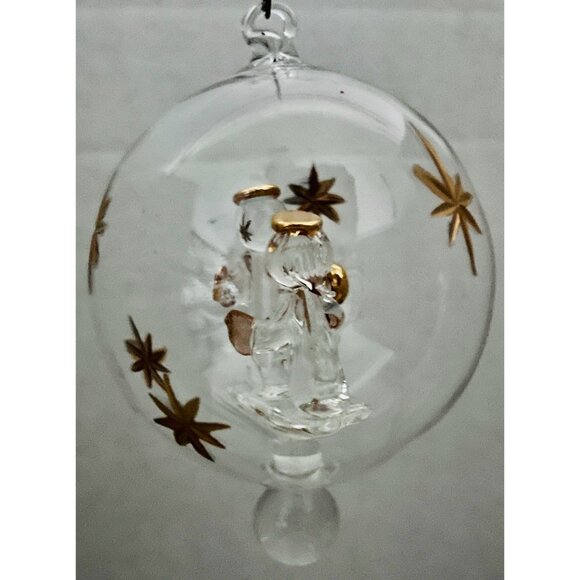 Vtg Glass Ball Ornament Christmas Gold Accents Nativity Holy Family Jesus Faith - Picture 2 of 5